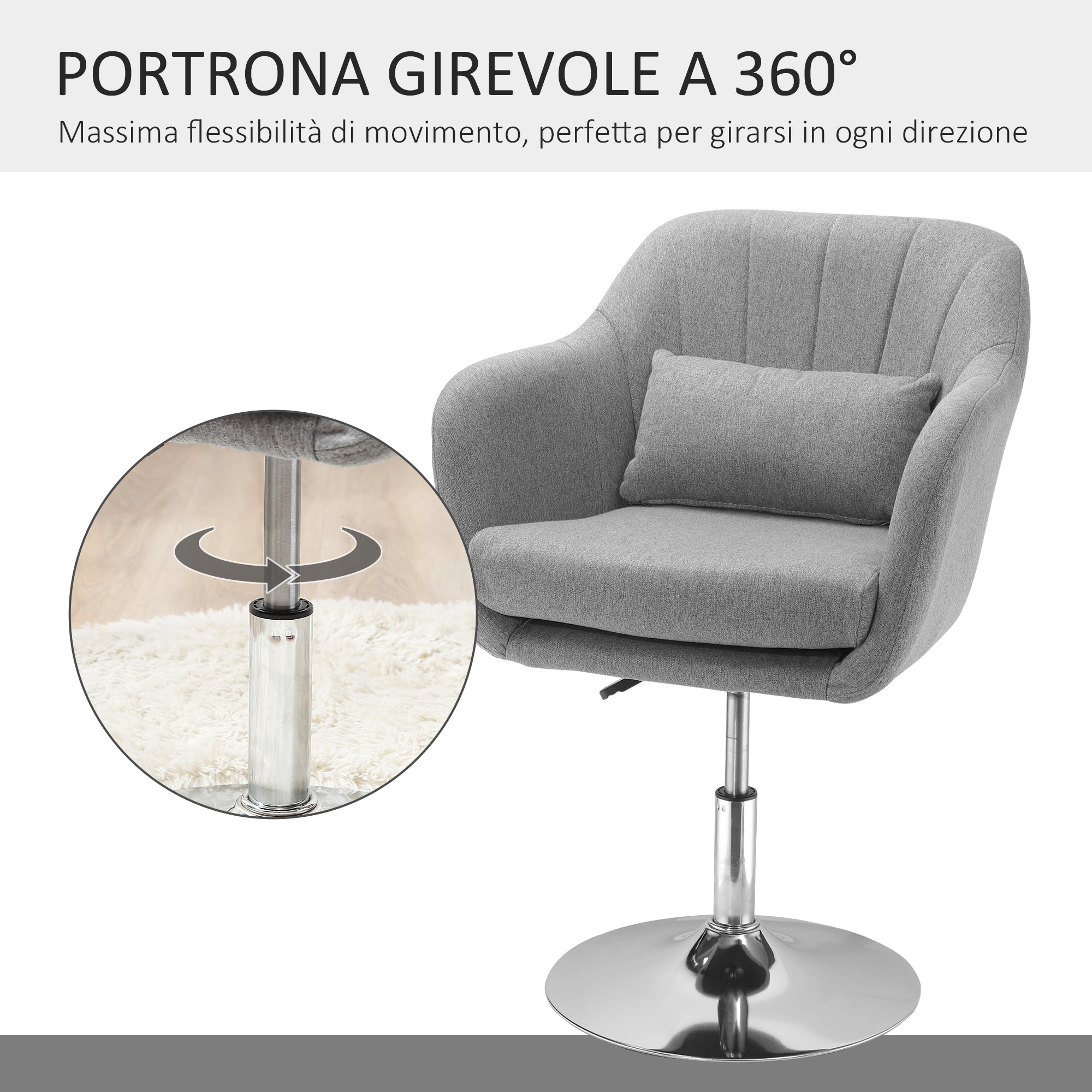 Sedia Girevole 360° 60x60x79-91 cm con Cuscino e Supporto Lombare Grigia