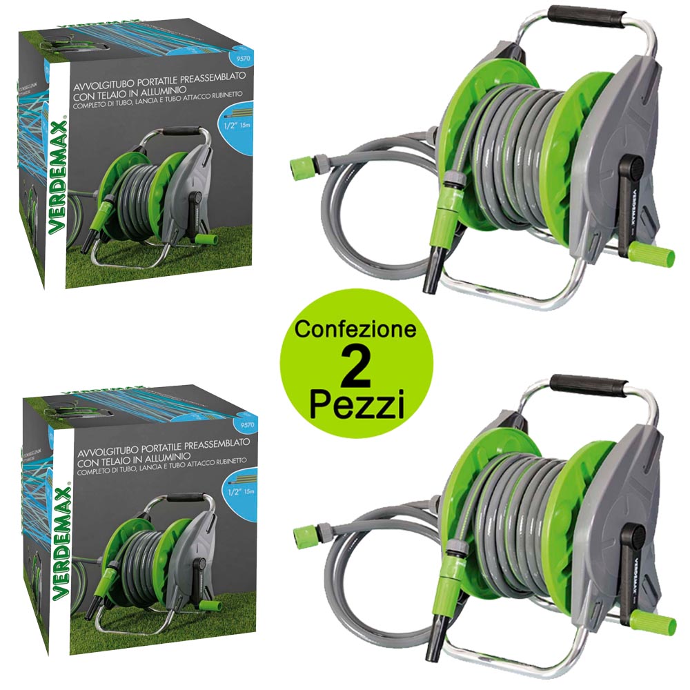 Multipack da 2 pz avvolgitubo manuale portatile con tubo metri 15 verdemax telaio in alluminio