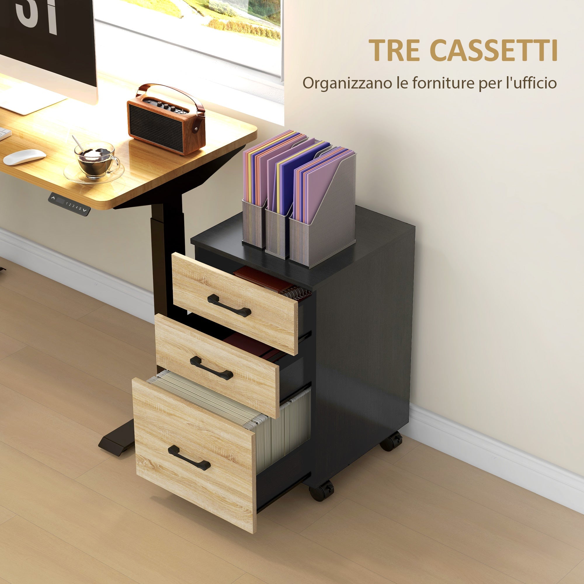 Cassettiera Ufficio con 3 Cassetti e Ruote 40x42x65 cm in Truciolato Rovere e Nero