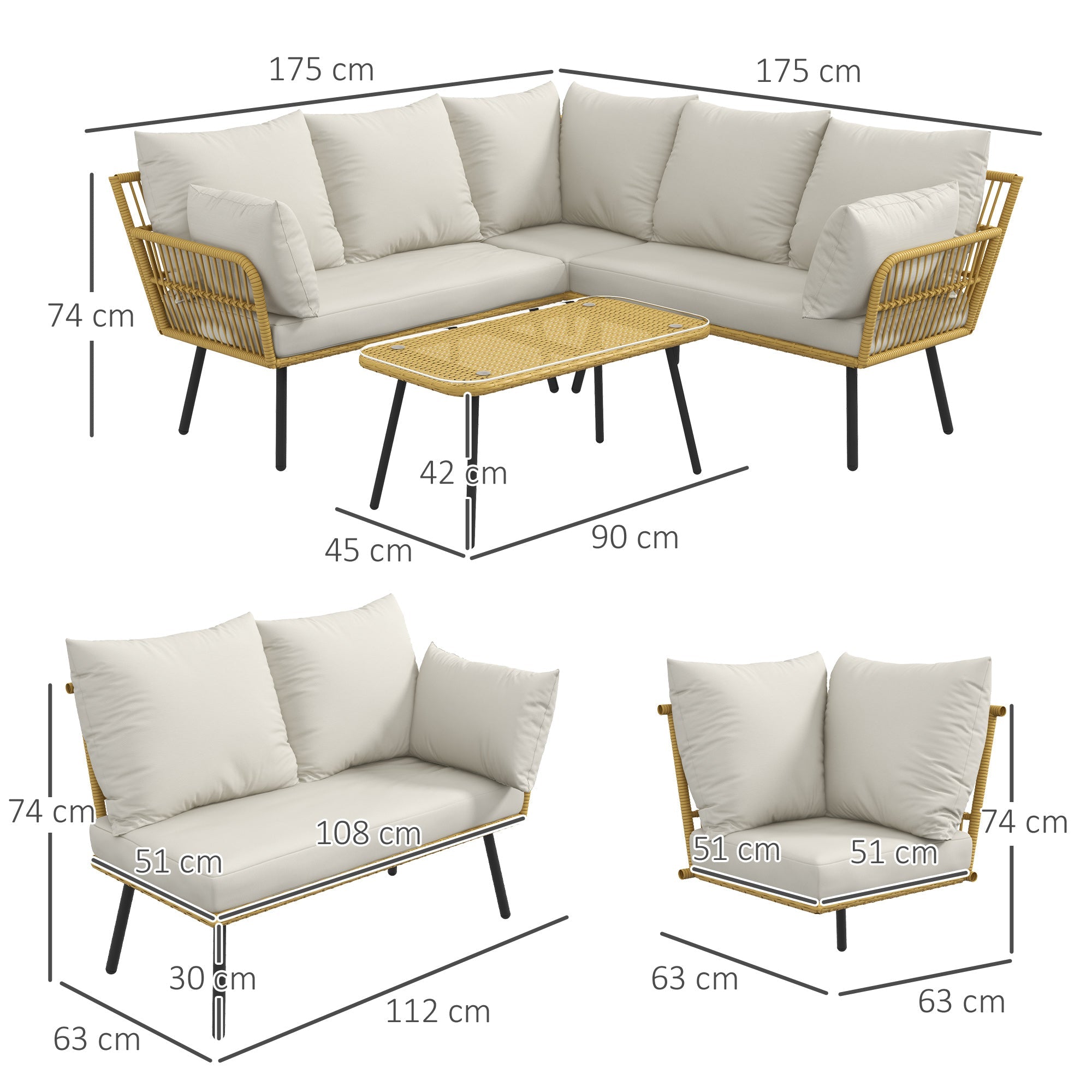 Set Salotto da Giardino Divano Angolare e Tavolino in Rattan e Poliestere Bianco Crema