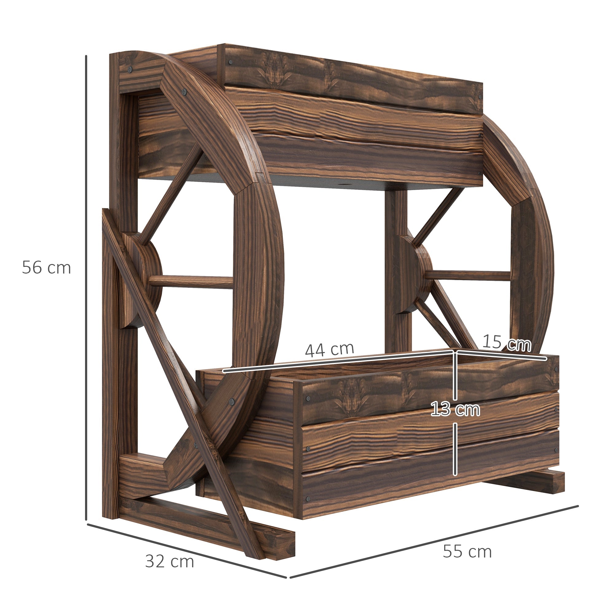 Fioriera da Esterno a 2 Livelli con 3 Vasi e Ruote di Carro Stile Country 55x32x56 cm in Legno Carbonizzato