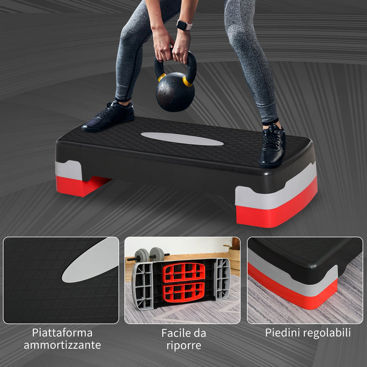 Step Fitness per Aerobica 68x29xh10-15 cm Altezza Regolabile in Plastica Nero e Rosso