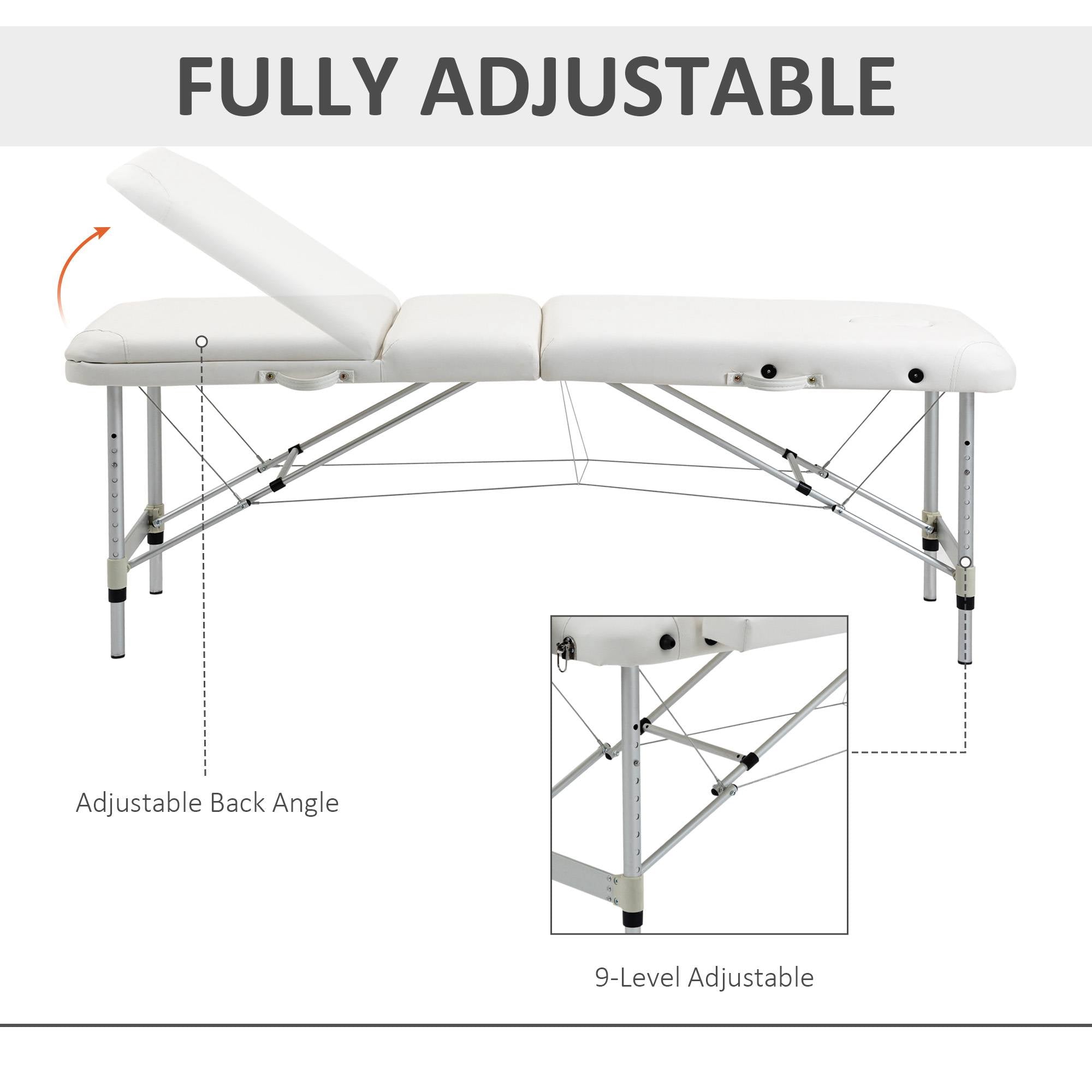 Lettino da Massaggio Fisioterapia Pieghevole 215x60x61-84 cm in Alluminio Bianco