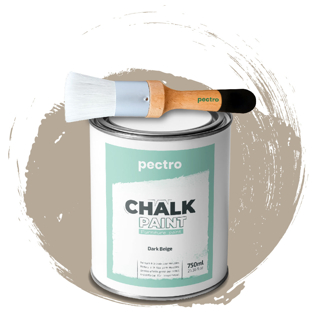 Chalk Paint Vernice a Gesso 750ml + Pennello Tondo in Legno Pack - Pittura per Mobili Senza Carteggiare (BEIGE SCURO)