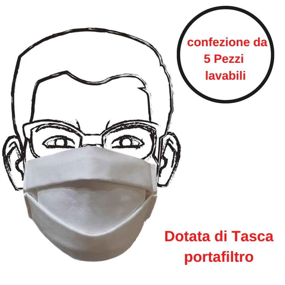 Mascherina di protezione bianca 5 pezzi riutilizzabile e lavabile cotone 100% con elastici