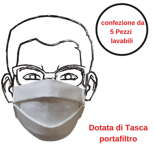 Mascherina di protezione bianca 5 pezzi riutilizzabile e lavabile cotone 100% con elastici