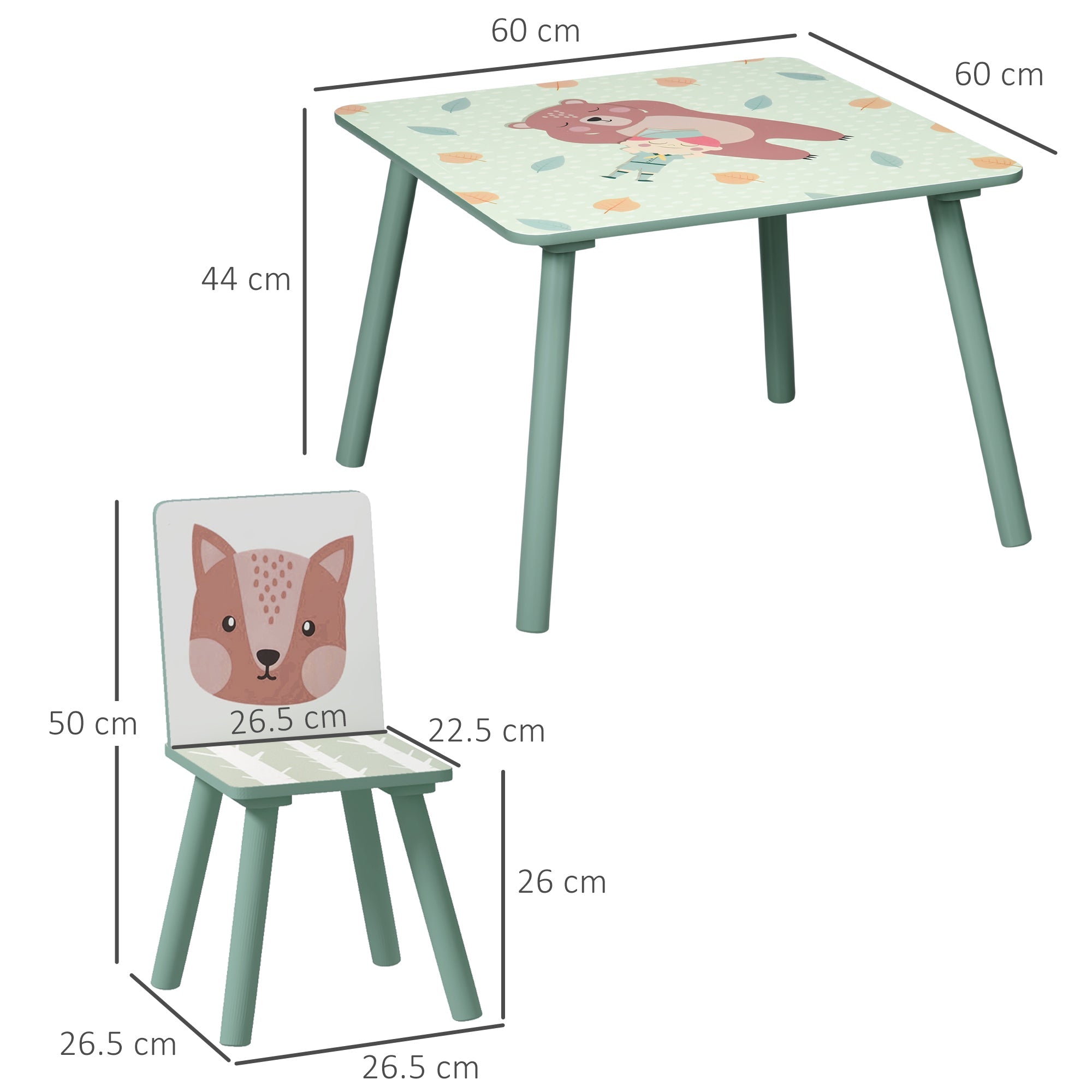 Set Tavolo con 2 Sedie per Bambini in Legno di Pino e MDF Verde