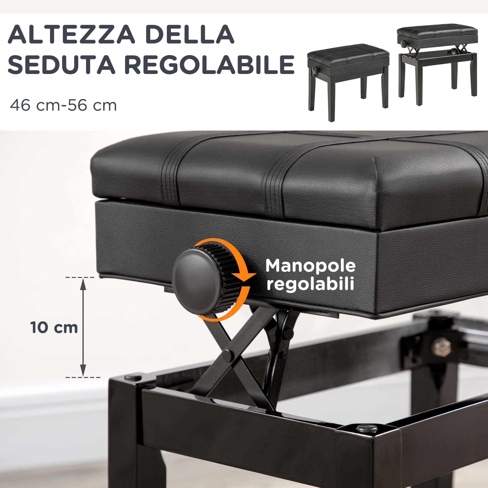 Sgabello per Pianoforte Altezza Regolabile 46-56 cm con Vano Contenitore Nero