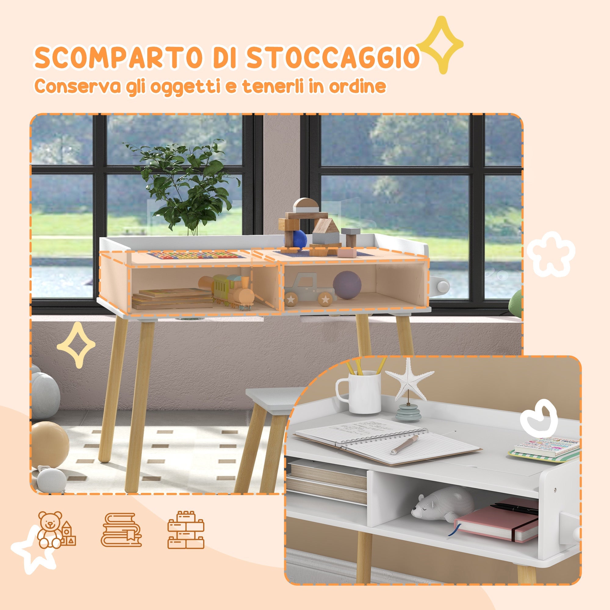 Set Tavolino con Sgabello per Bambini Banchetto con Piano Reversibile e Rotolo di Carta Bianco