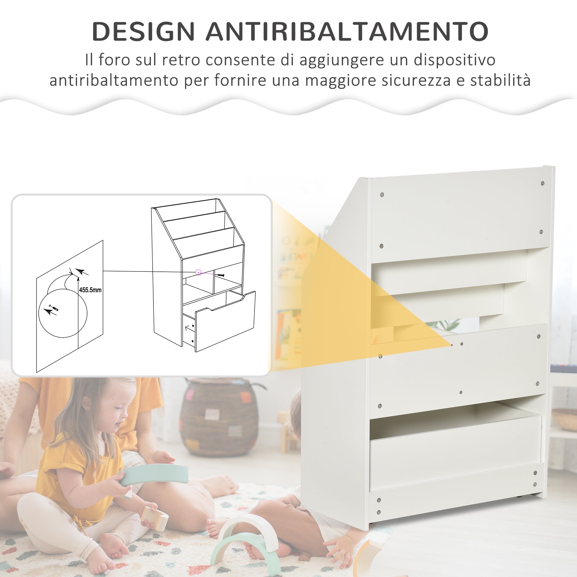 Libreria per Bambini 60x29,9x90 cm con Ripiani e 1 Cassetto in MDF Bianco