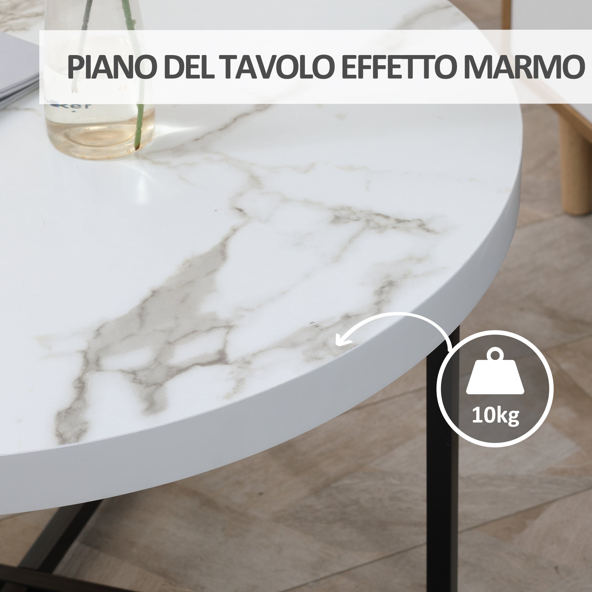 Tavolino da Caffè Rotondo con Piano Effetto Marmo Ø80x45 cm in MDF e Gambe in Metallo Bianco