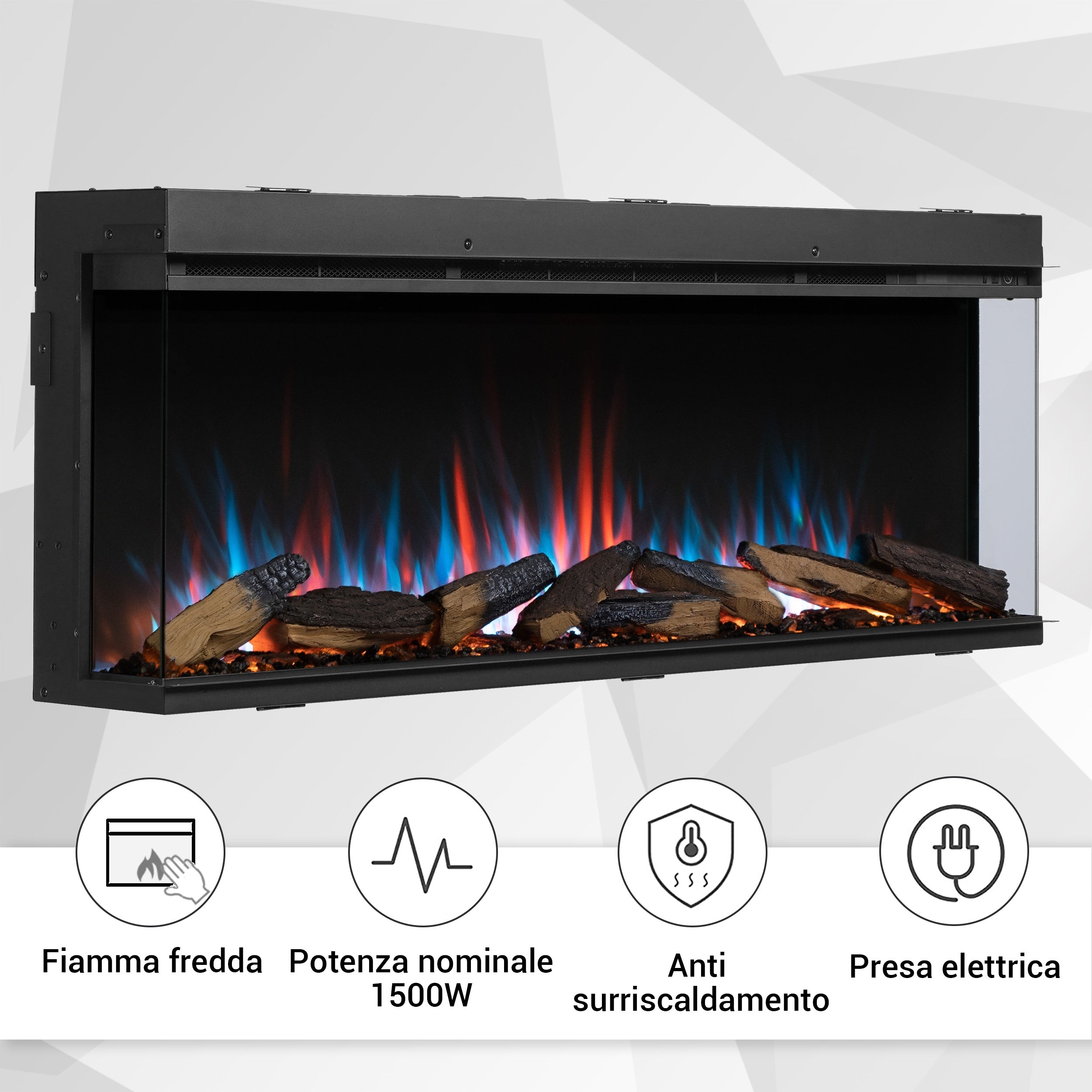 Camino elettrico a inserto Athena 52"| Riscaldamento 1500W, LED, app, crepitio | Telecomando, timer, termostato