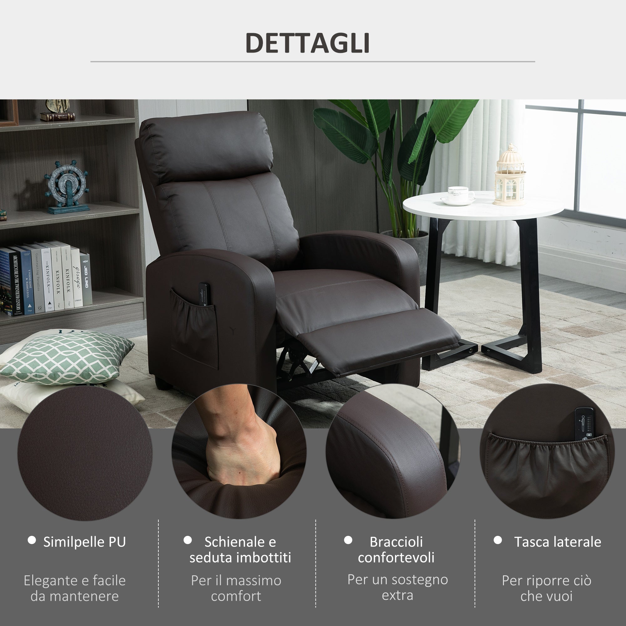 EASYCOMFORT  Poltrona Relax Massaggiante con 8 Modalità e 5 Intensità, Poltrona Reclinabile con Poggiapiedi e Telecomando - Marrone