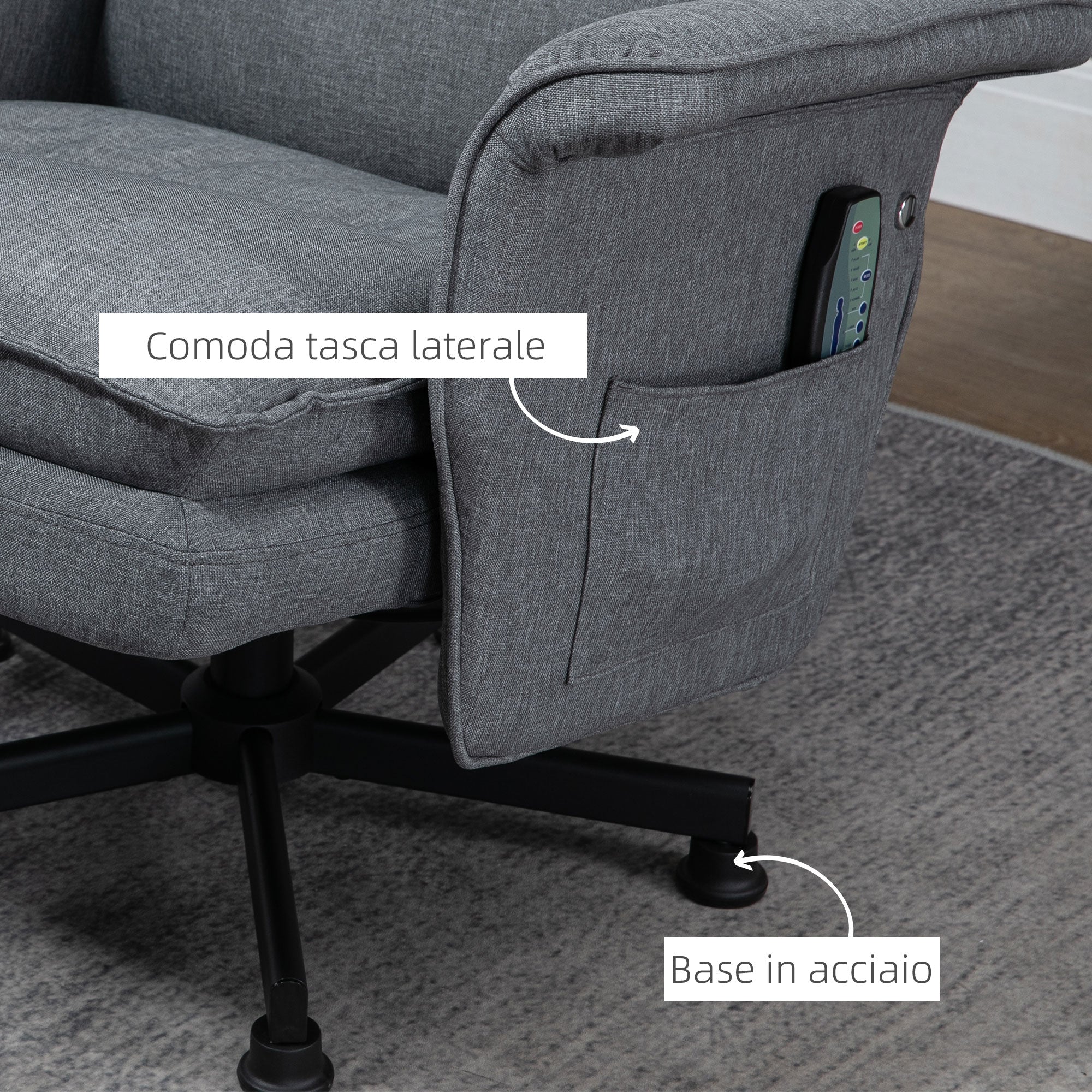 EasyComfort Poltrona Relax Massaggiante con Pouf e Telecomando, 8 Punti Massaggio e 5 Programmi, Grigio