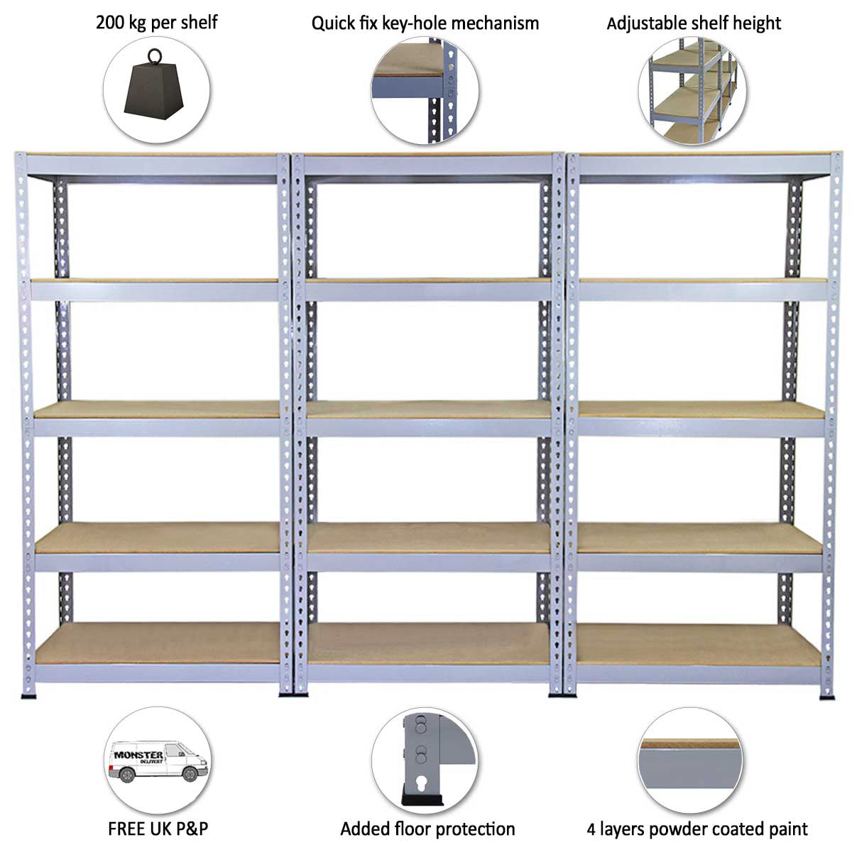 3 Scaffali in Acciaio Senza Bulloni Q-Rax Grigi Larghi 90cm per Magazzino e Box