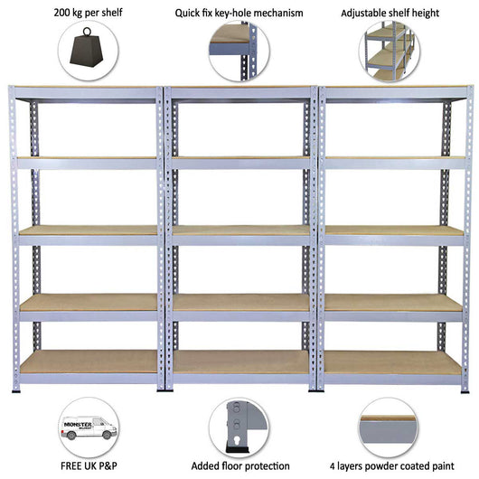 3 Scaffali in Acciaio Senza Bulloni Q-Rax Grigi Larghi 90cm per Magazzino e Box