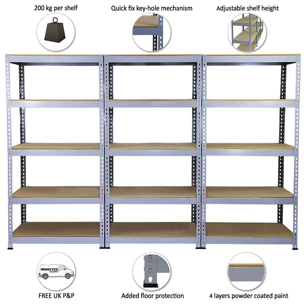 Scaffale in Acciaio Senza Bulloni Q-Rax Grigio Largo 90cm per Magazzino e Garage