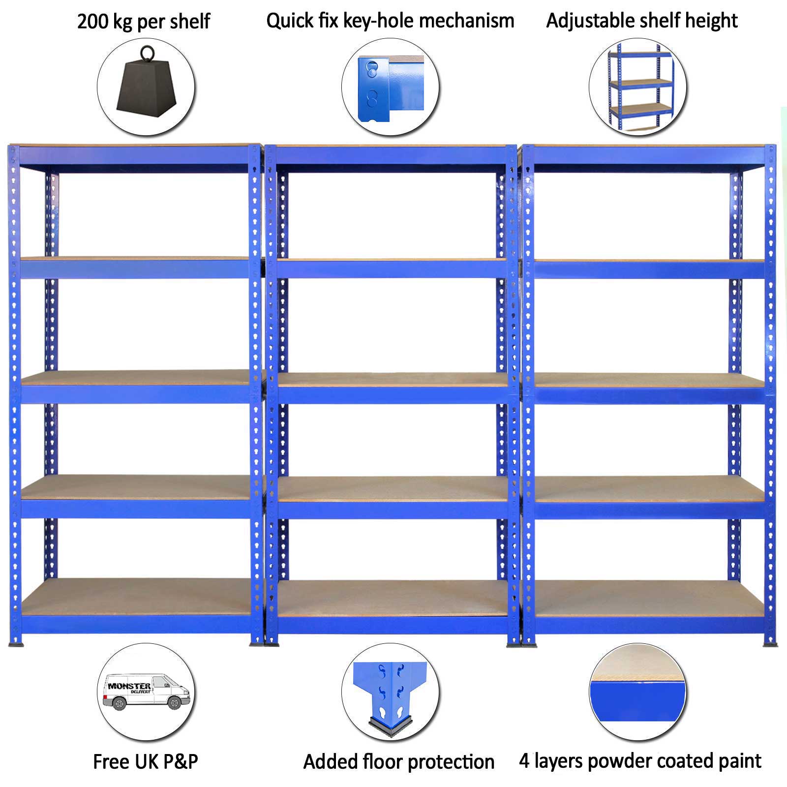 3 Scaffali 90cm e 2 Scaffali 120cm Q-Rax in Acciaio Senza Bulloni Blu per Garage