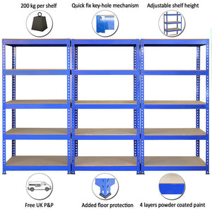 Scaffale in Acciaio Senza Bulloni Q-Rax Blu Largo 90cm per Magazzino e Garage