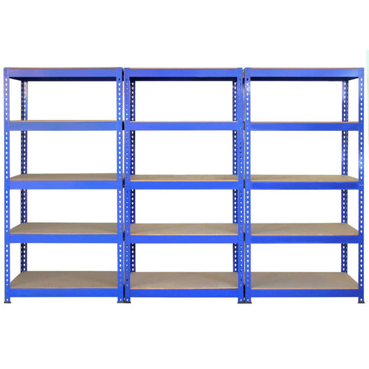 2 Scaffali 90cm e 3 Scaffali 120cm Q-Rax in Acciaio Senza Bulloni Blu per Garage