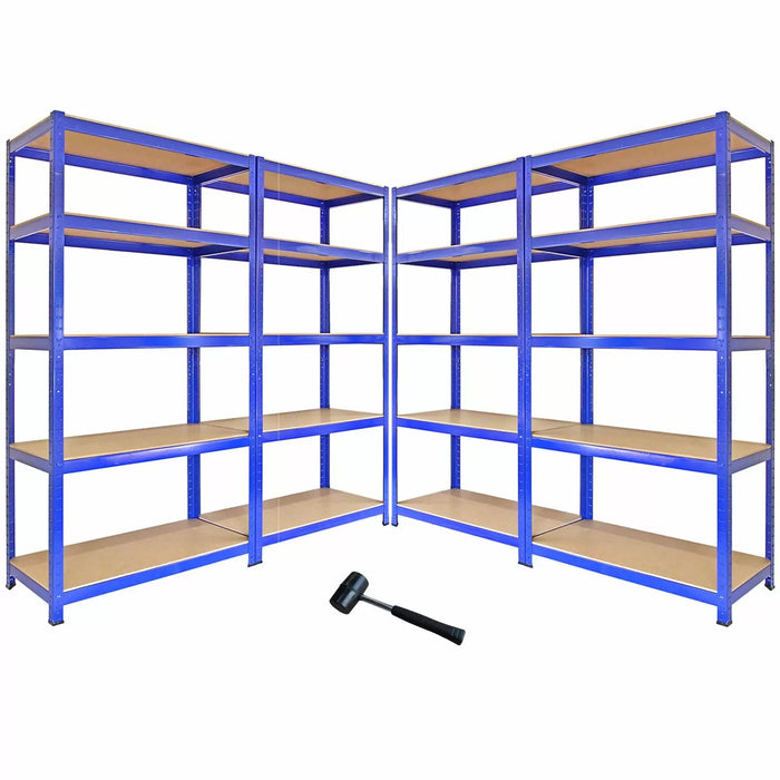 Set 4 Scaffali 5 Ripiani ad Incastro 90x50x180 cm e Martello Piani in MDF Struttura in Acciaio Blu