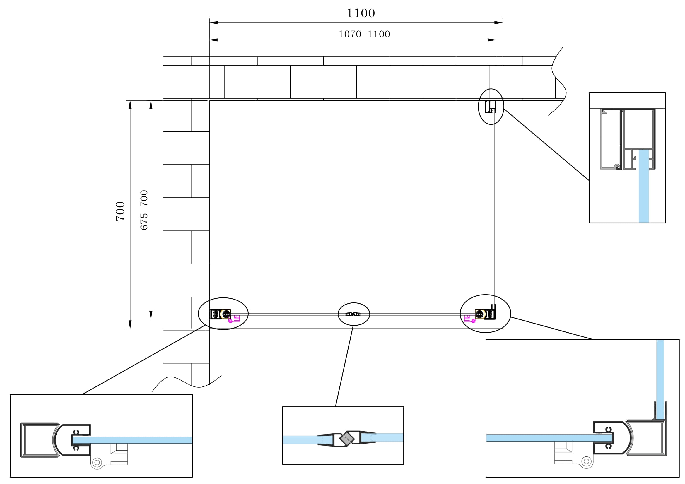 Box doccia angolare parete fissa e porta battente tipo saloon vetro 6 mm reversibile MISURA 67,5-70 ANTA FISSA + PORTE 107-110  