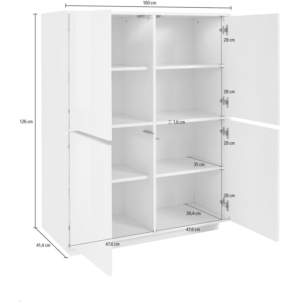 Credenza 4 Ante 100,1x41,4x126 cm Bloom Bianco Lucido e Noce