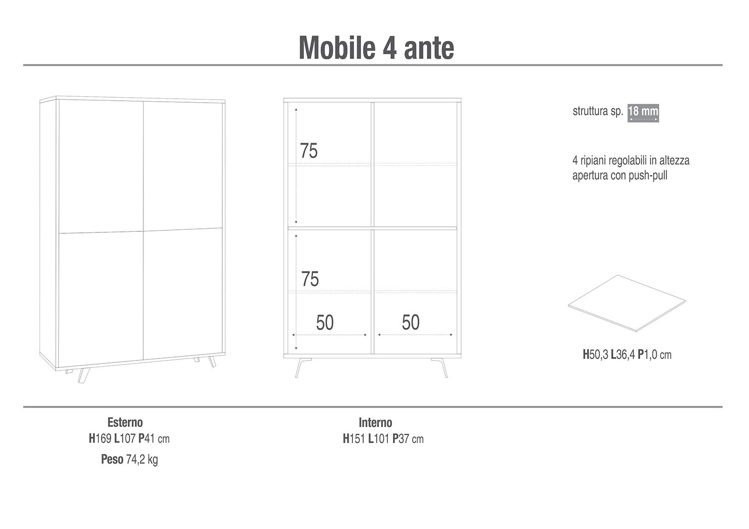 Mobile Multiuso 4 Ante 107x169x41 cm Cemento/Marmo Calacatta