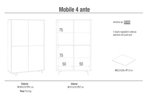 Mobile Multiuso 4 Ante 107x169x41 cm Ossido Nero/Marmo Calacatta