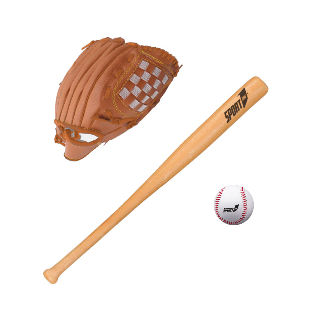 Set Baseball Mazza 60 cm in Legno Guanto Ergonomico e Palla in PU