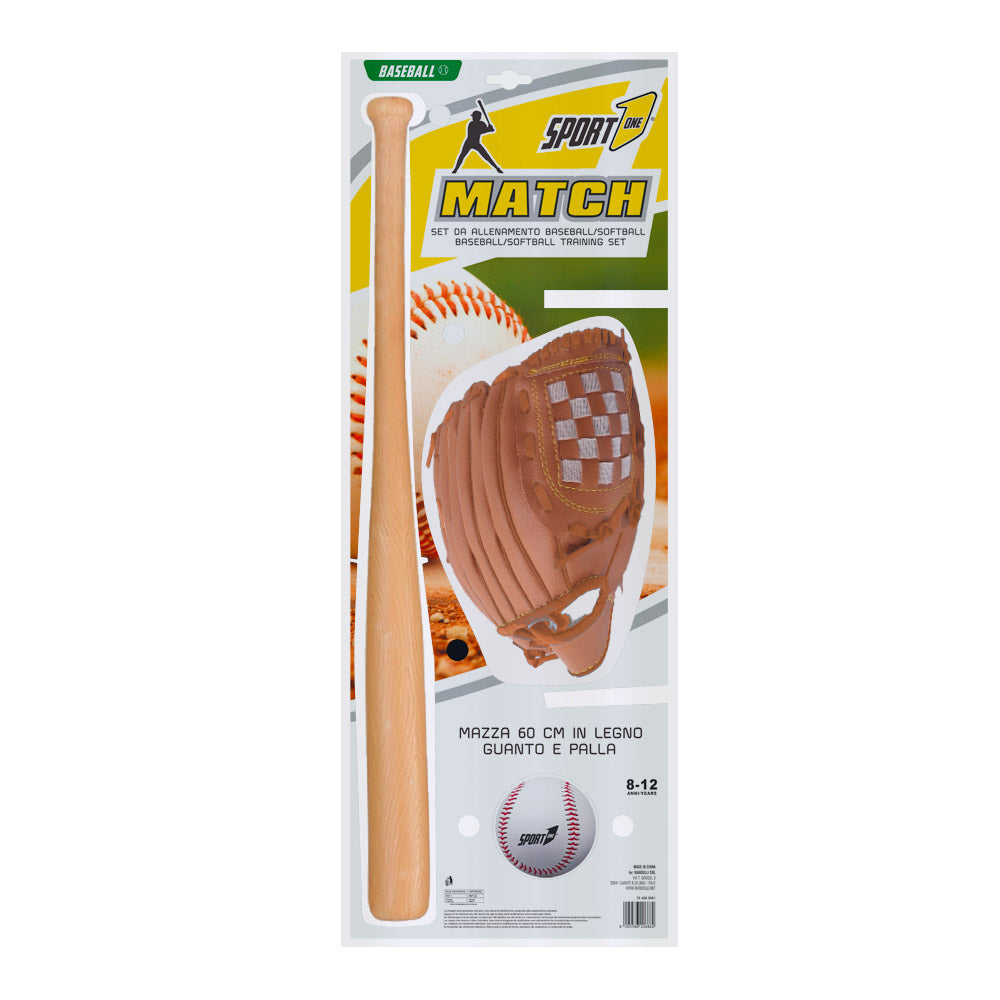 Set Baseball Mazza 60 cm in Legno Guanto Ergonomico e Palla in PU