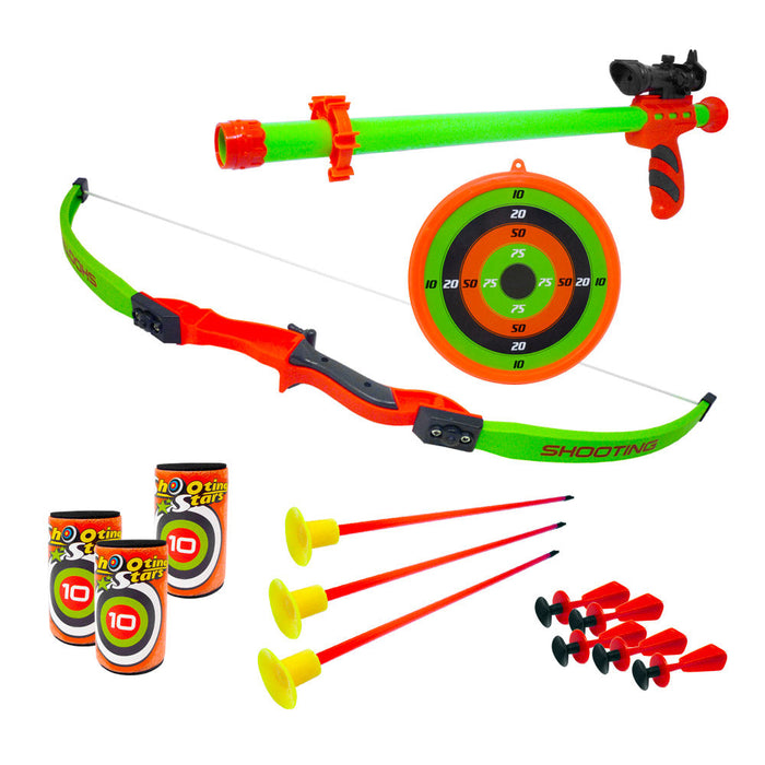 Set Arco per Bambini 54 cm e Cerbottana con Bersaglio Barattoli e 3 Frecce a Ventosa