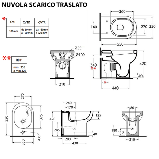 Sanitari SCARICO TRASLATO Filoparete Ceramica Azzurra Nuvola WC BIDET SEDILE SOFT CLOSE