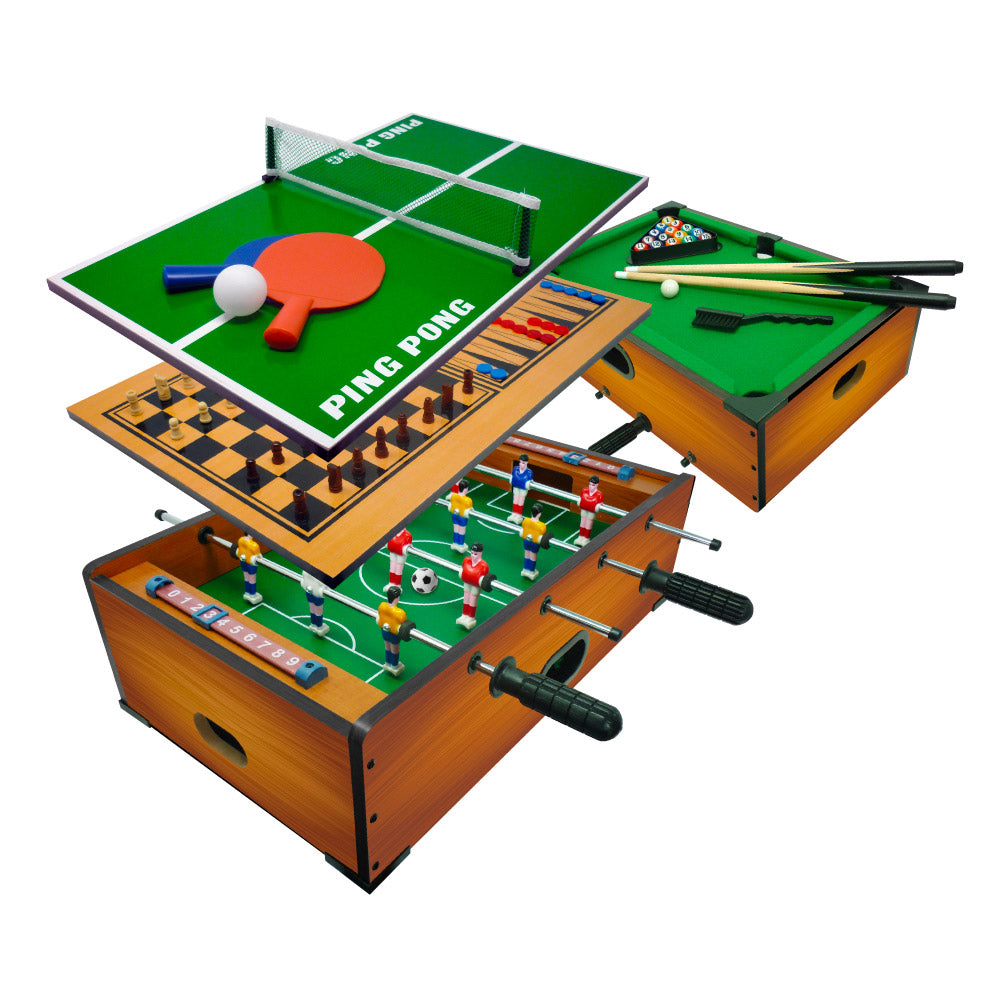 Tavolo Multi Gioco 6 in 1 51x31x16 cm Calciobalilla Biliardo Ping Pong Scacchi Dama Backgammon Marrone Chiaro