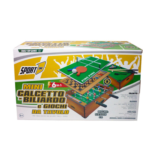 Tavolo Multi Gioco 6 in 1 51x31x16 cm Calciobalilla Biliardo Ping Pong Scacchi Dama Backgammon Marrone Chiaro