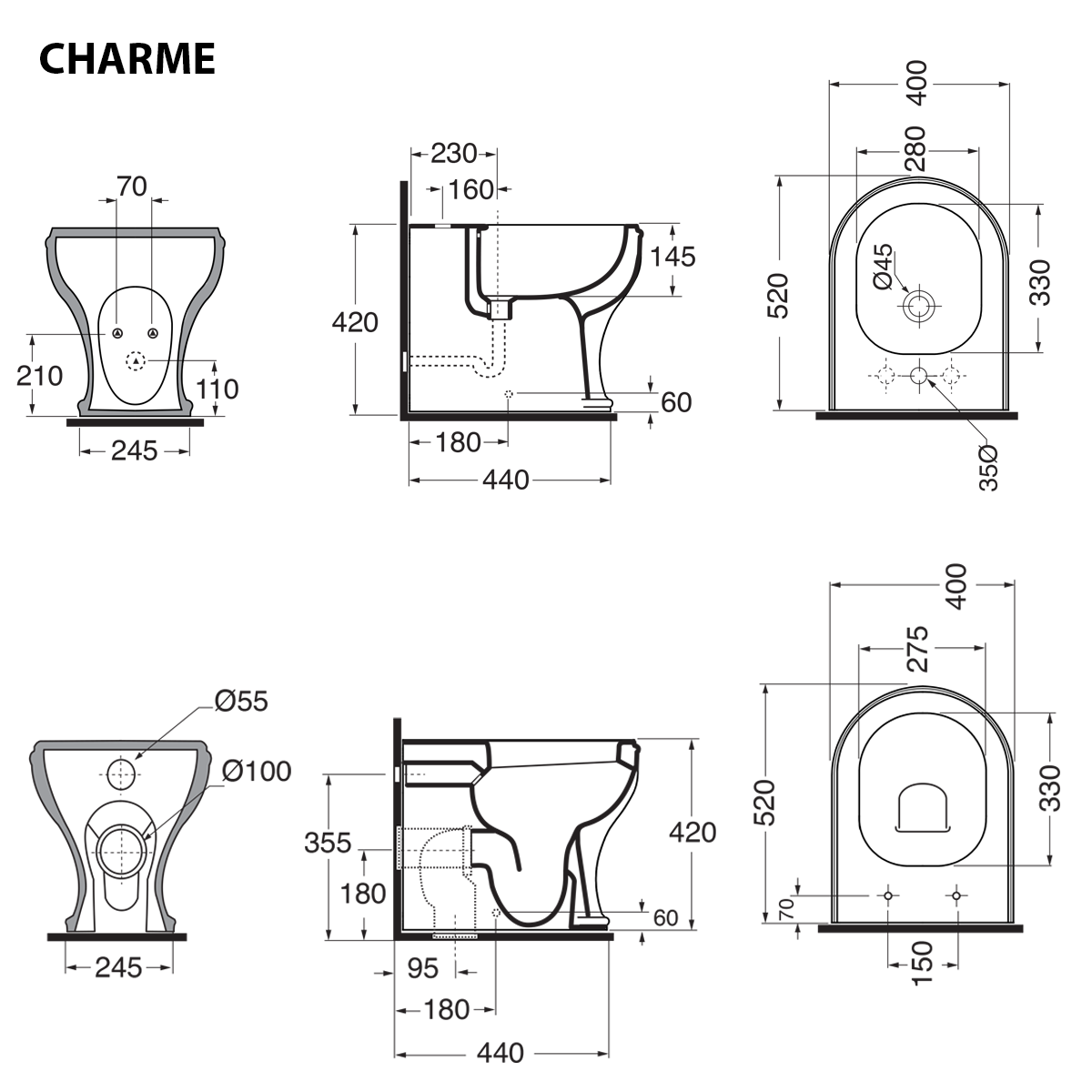 Sanitari classici filoparete Ceramica Azzurra Charme wc bidet sedile soft close