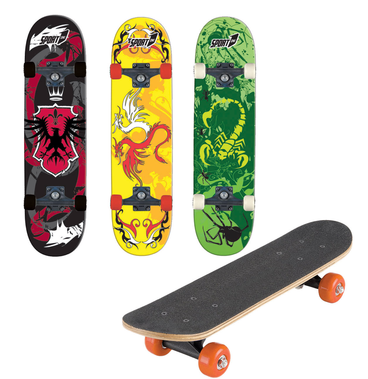 Skateboard con Tavola 80 cm in Legno Concava Orion Rosso Verde e Giallo