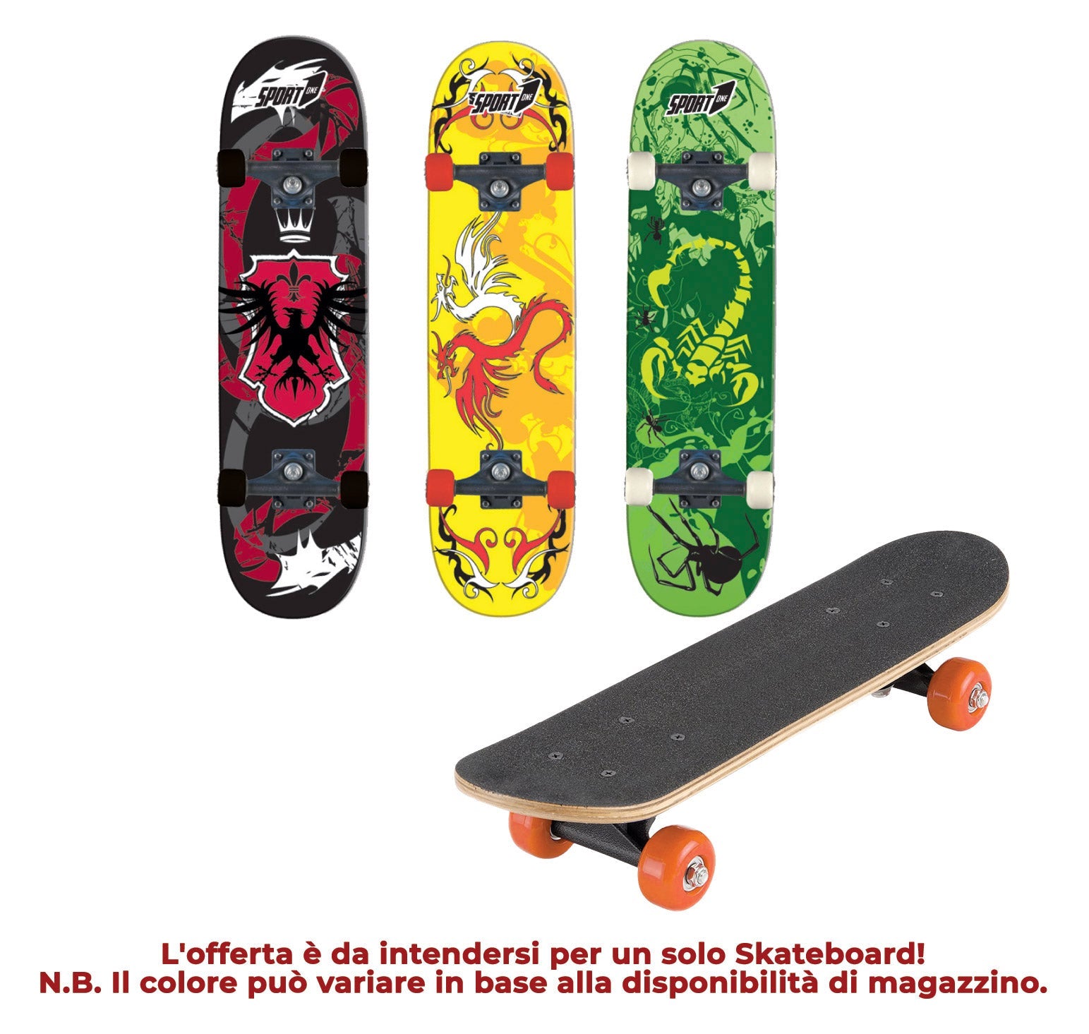 Skateboard con Tavola 80 cm in Legno Concava Orion Rosso Verde e Giallo