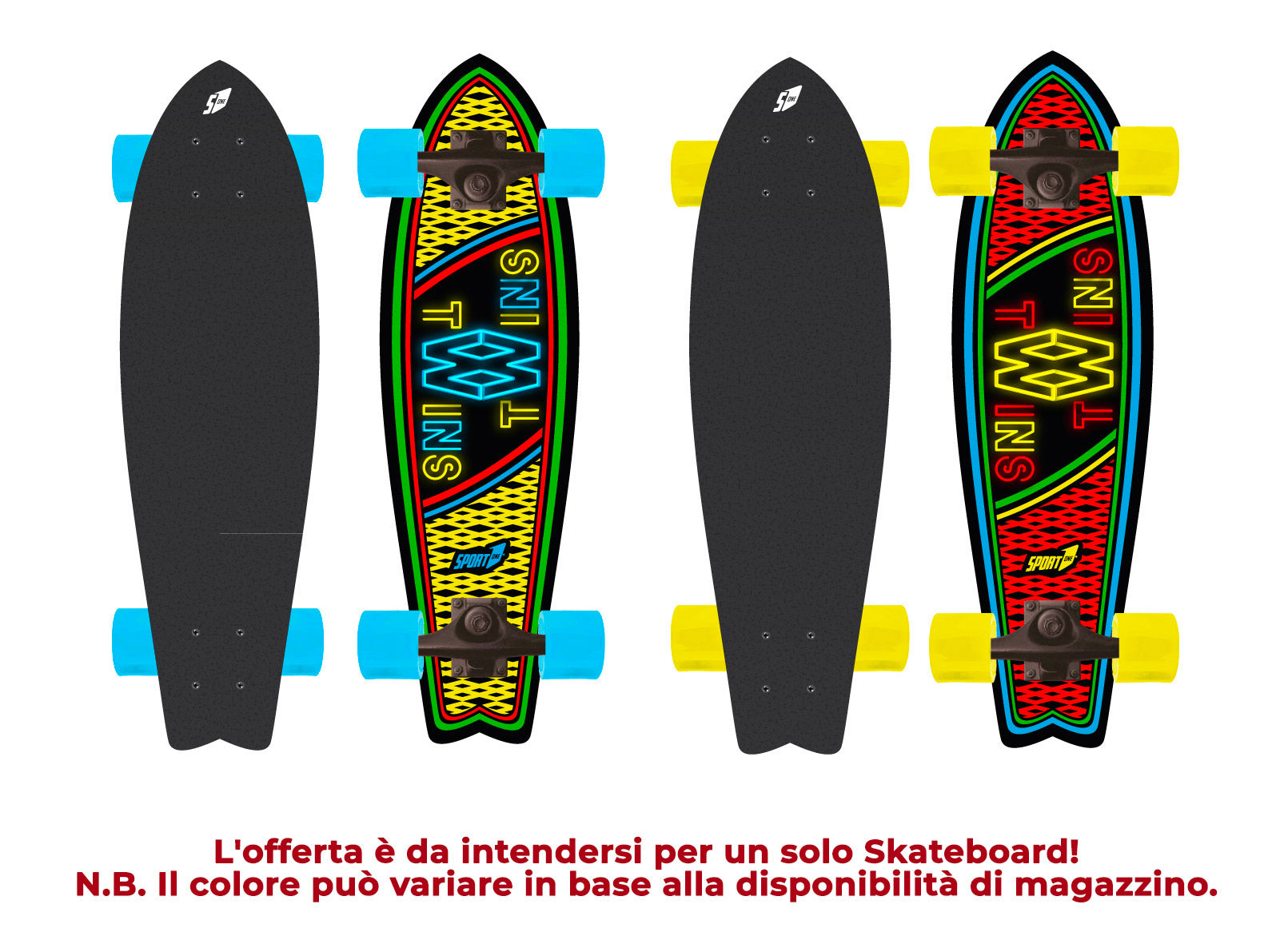 Skateboard con Tavola 70 cm in Legno Coda di Rondine Twins Giallo/Azzurro e Rosso/Giallo