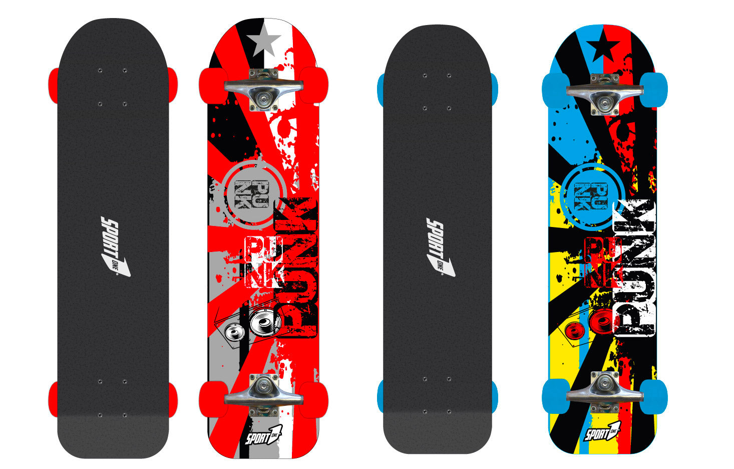 Skateboard con Tavola 76 cm in Legno Punk Rosso Azzurro