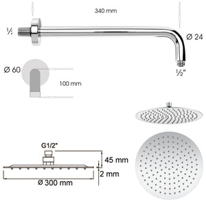 Set doccia tondo Ares con soffione, braccio doccia e kit duplex