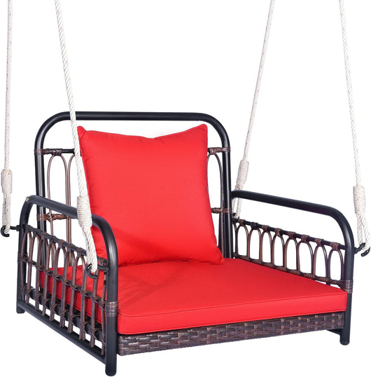 Altalena da Giardino in Rattan PE, Sedia Pensile con Cuscino e Schienale, Altalena per Portico con Telaio Metallico e 2 Corde, Portata 180 kg, per Giardino (Rosso)