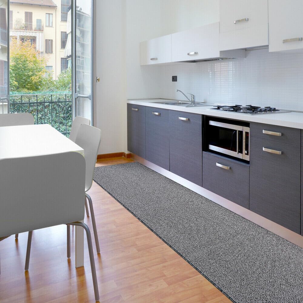 Tappeto Cucina 57x360 cm Tessitura Piatta Antiscivolo Multiuso Corsia Corridoio Made In Italy Grigio