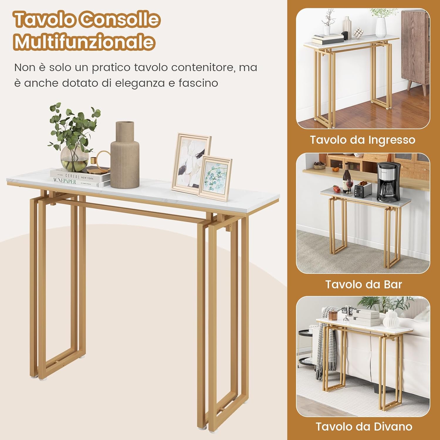 Tavolo Consolle 110cm, Tavolo da Ingresso con Piano in Finto Marmo, Struttura in Metallo e Poggiapiedi Regolabili, Tavolino da Divano Moderno per Salotto, Corridoio e Ingresso (Oro)