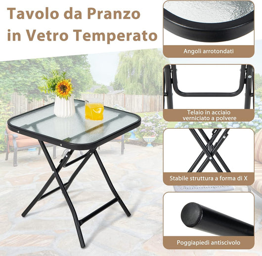 Tavolo Quadrato da Giardino, Tavolino Pieghevole e Portatile con Telaio Antiruggine con Superficie in Vetro Tavolo da Esterno per Cortile, Giardino e Balcone, 46,5 x 46,5 x 47,5 cm