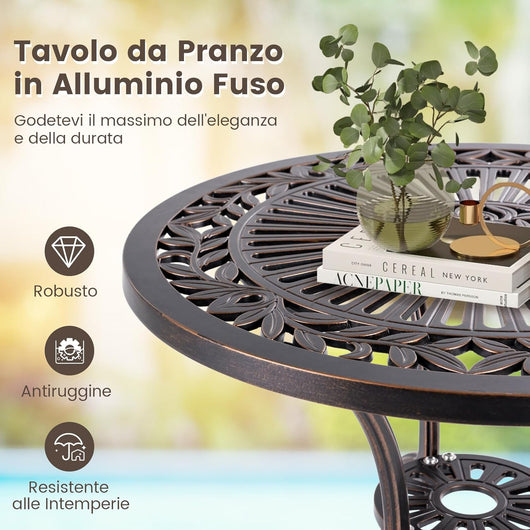 Tavolino da Giardino in Alluminio Pressofuso, Tavolino Rotondo da 61 cm con Foro per Ombrellone, Gambe Curve e Piedini Regolabili, per Giardino, Portico e Balcone, Portato 40 kg