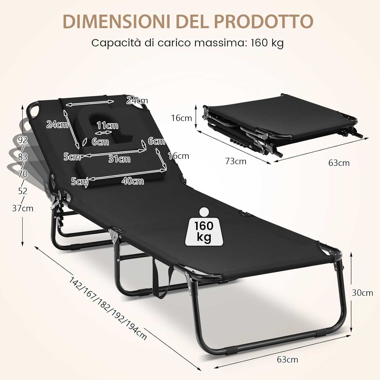 Lettino Prendisole con Foro per Viso, Sdraio da Spiaggia Pieghevole con Cuscini, Schienale Regolabile in 5 Posizioni, Lettino Portatile Portata 160 kg, 63 x 194 x 37 cm (Nero)