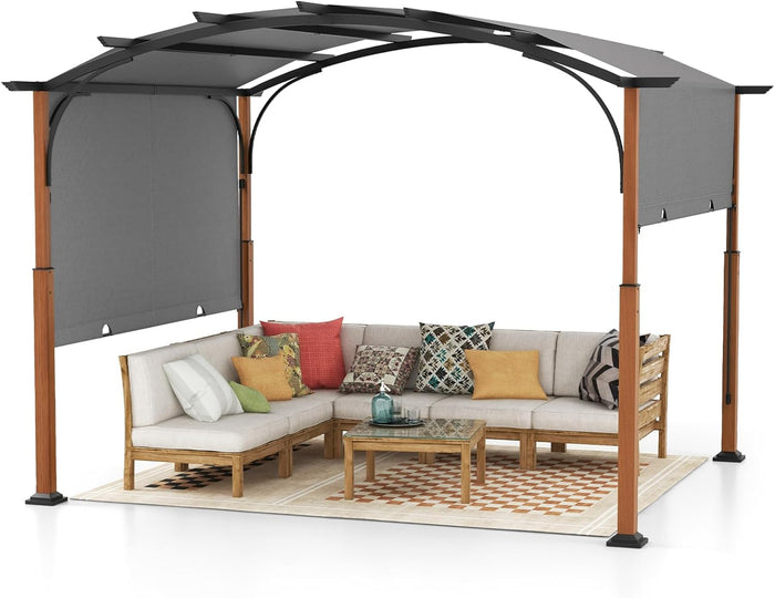 Gazebo Pergola da Giardino 3 x 3,6 m, Pergola da Esterno con Telaio Curvo e Tettuccio Retrattile, con Struttura in Metallo, per Giardino, Patio e Portico (Grigio)