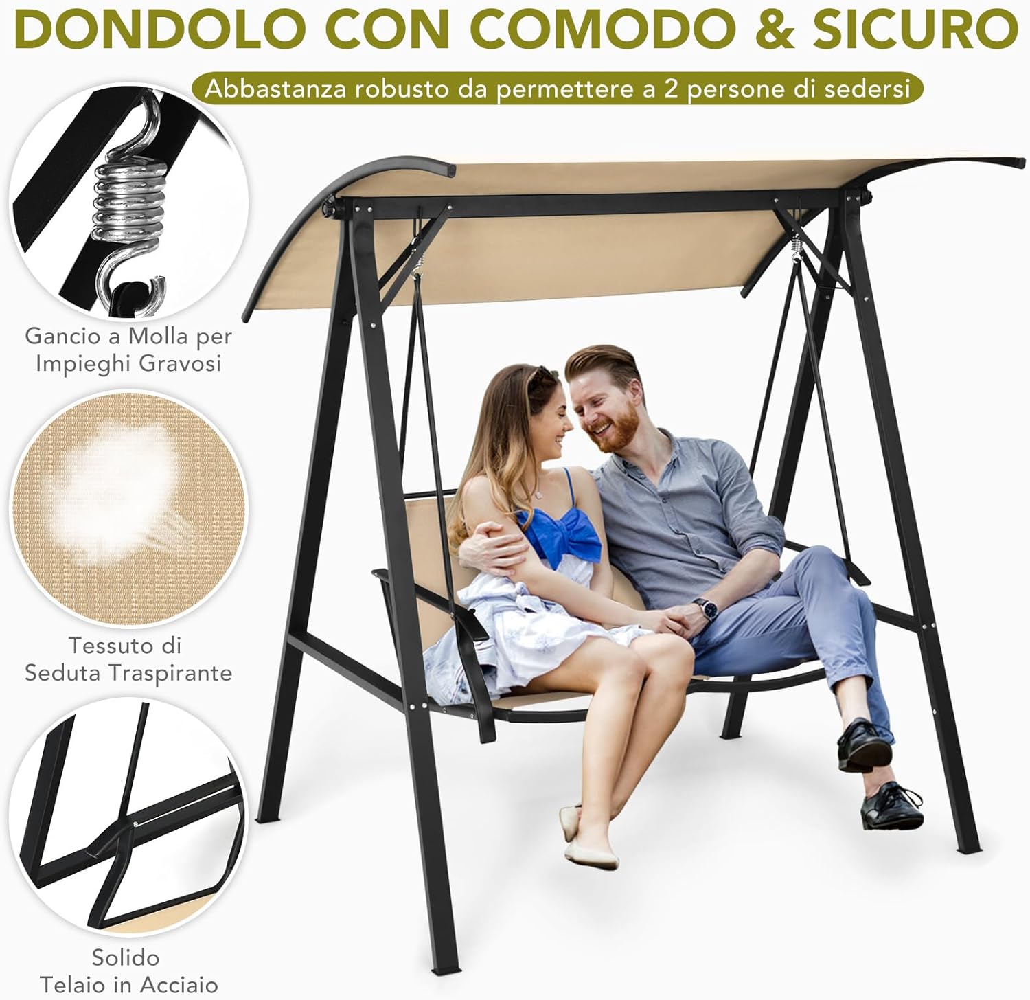 Dondolo da Giardino con Tettuccio Regolabile, Dondolo Altalena 2 Posti con Telaio in Metallo e Parasole, per Bordo Piscina, Giardino, Balcone, Portata 240 kg