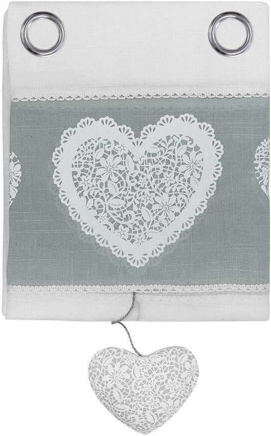 Tende Finestre Porta 140x290 cm Tessuto Lino Semitrasparente Coppia 2 Pz Shabby Chic Cuori Grigio